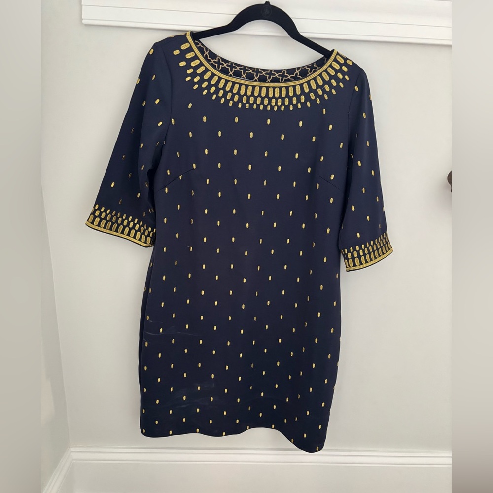 Gretchen Scott Designs Navy Dress with Gold Details